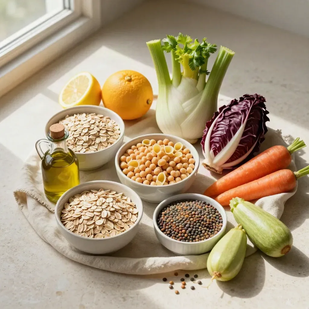 Bowl di ceramica, avena, legumi, agrumi e verdure su lino grezzo, vista dall’alto.