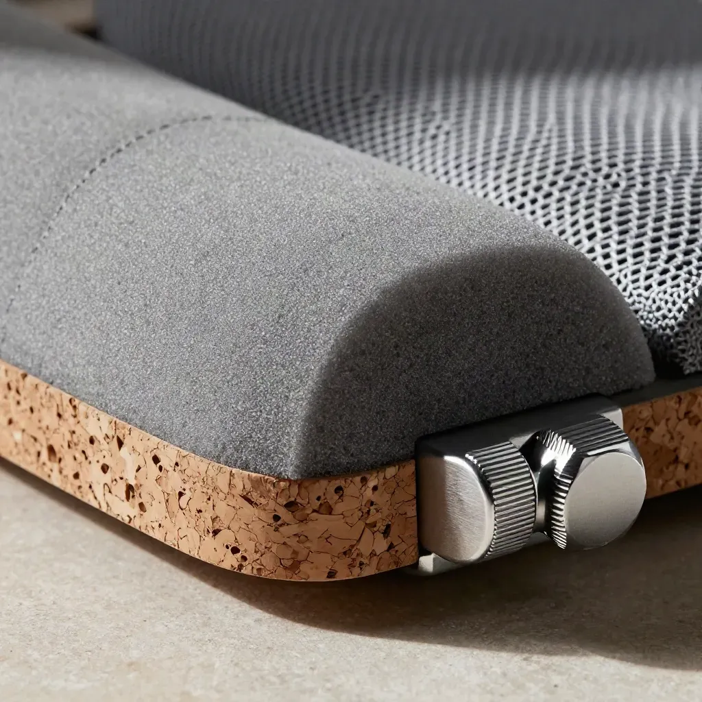 Macro di materiali ergonomici: schiuma lombare, sughero, morsetto e mesh su fondo neutro.