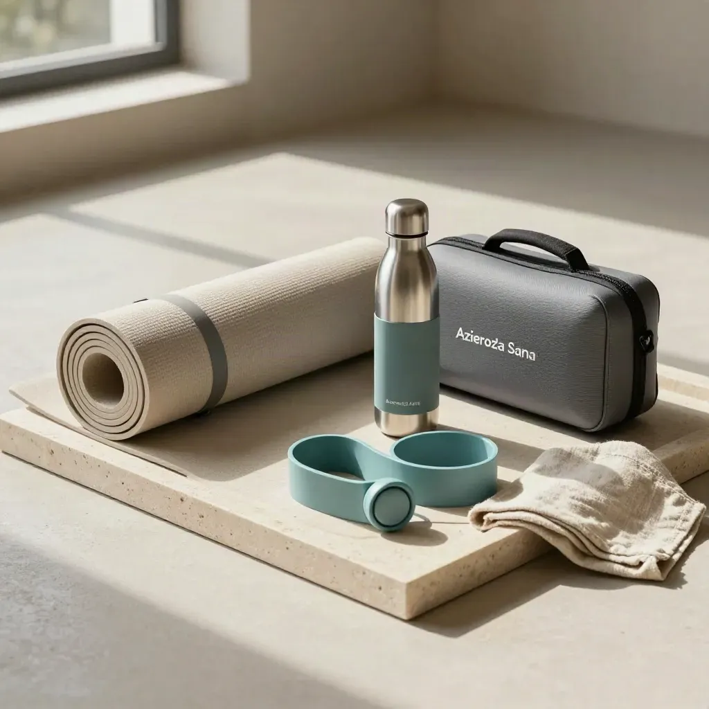 Kit wellness da trasferta su vassoio in pietra con tappetino, foam roller, borraccia e banda elastica.