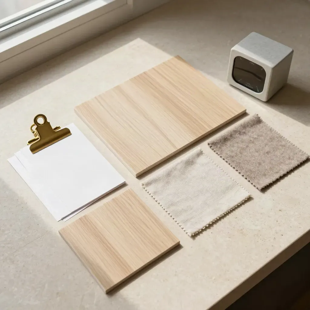 Tasselli in legno, clip in ottone, schede bianche e tessuti neutri su pietra chiara.