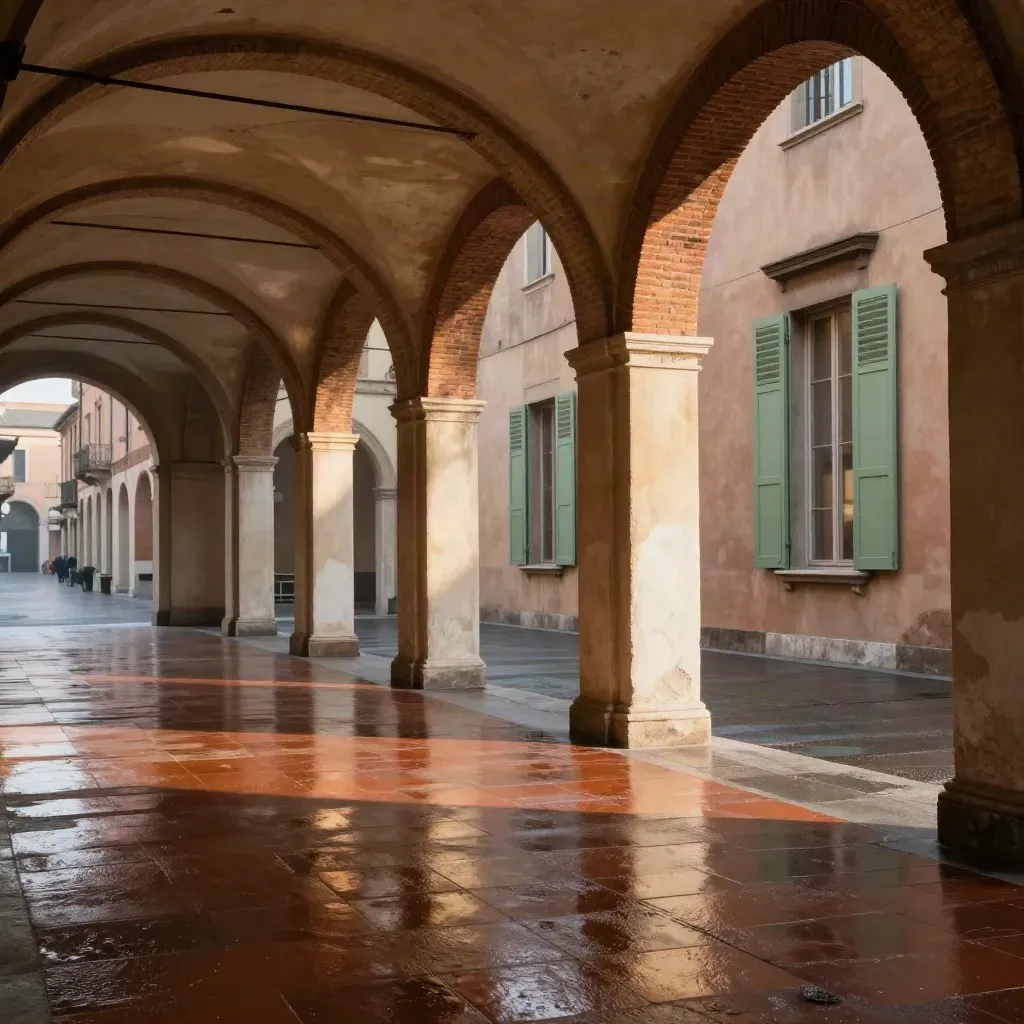 Portici di Bologna al tramonto dopo la pioggia, pavimento bagnato e luce calda