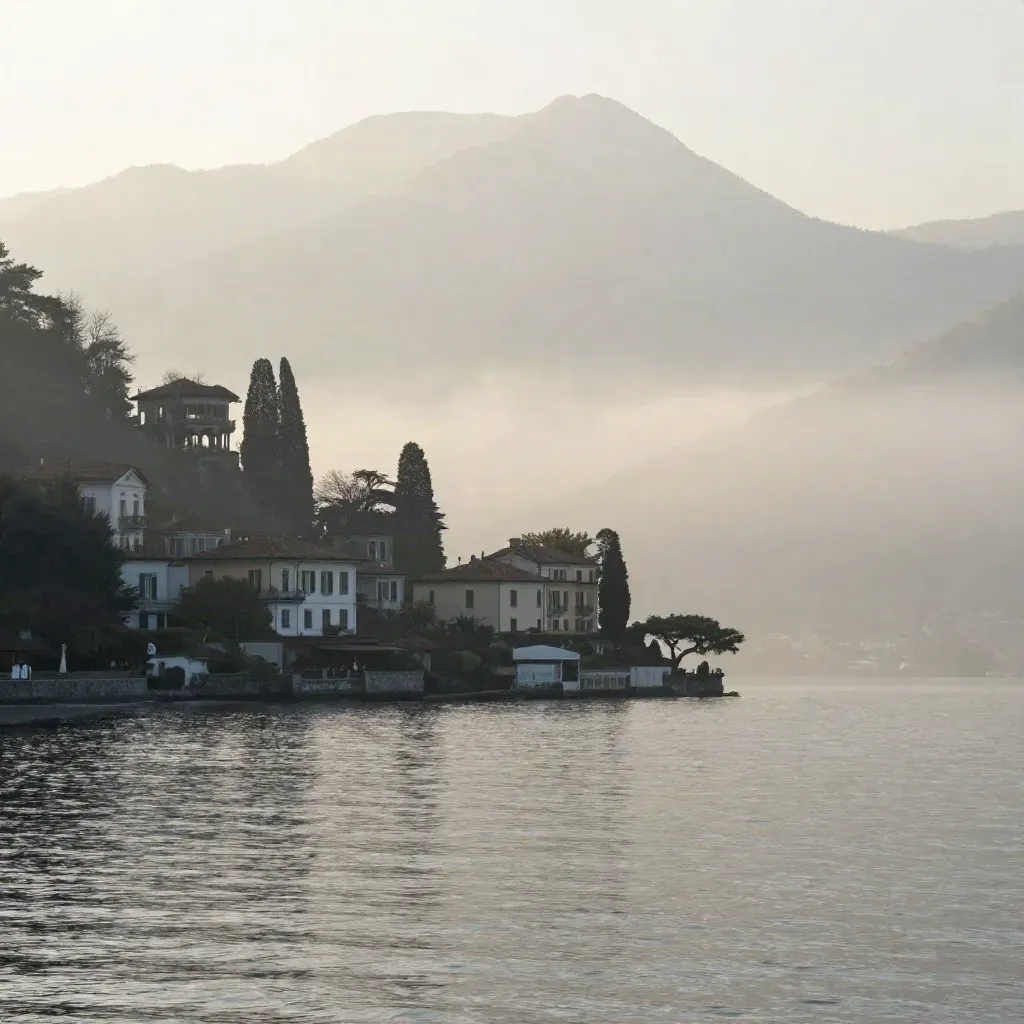 Lago di Como all’alba con ville in quota, montagne nella bruma e acqua ferma.