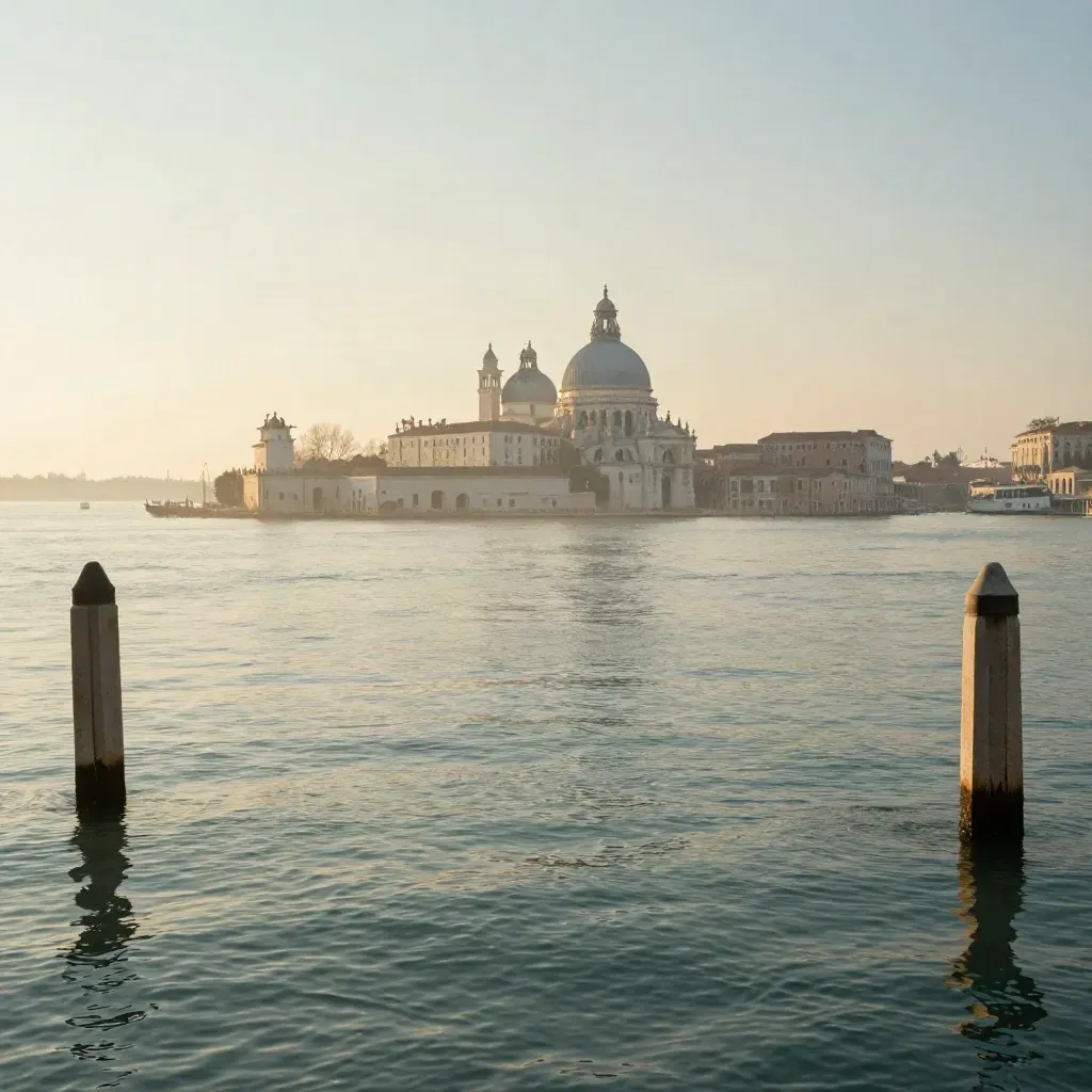 Laguna veneta all’alba con Venezia lontana nella bruma e acqua piatta dorata