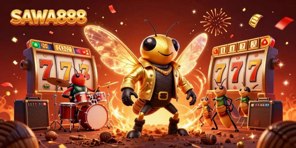 Experience the excitement at SAWA888 with a vibrant casino illustration including a rock star cicada and slot game elements.