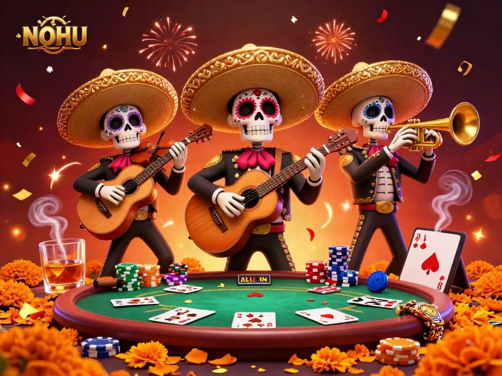 Experience the thrilling world of NOHU with a vibrant mariachi band surrounding poker elements.