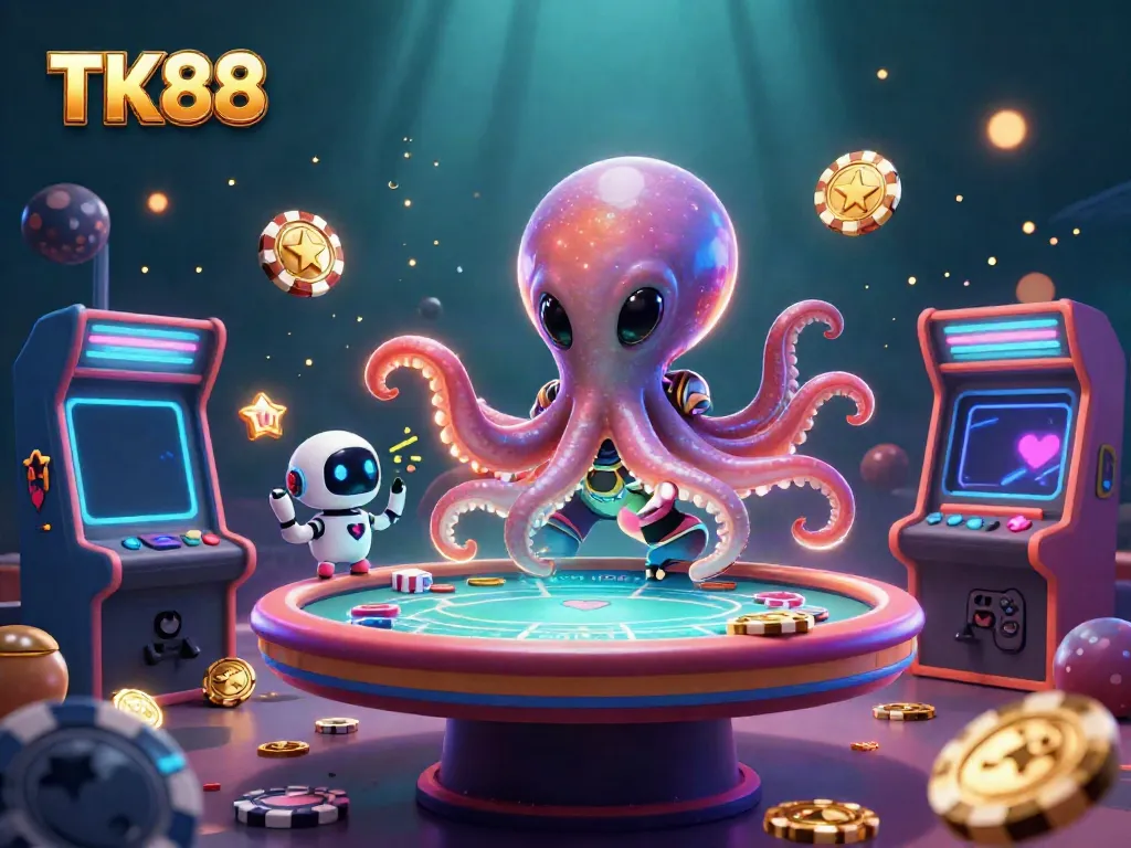 Engage with the vibrant TK88 casino illustration featuring an alien octopus at a holographic poker table.