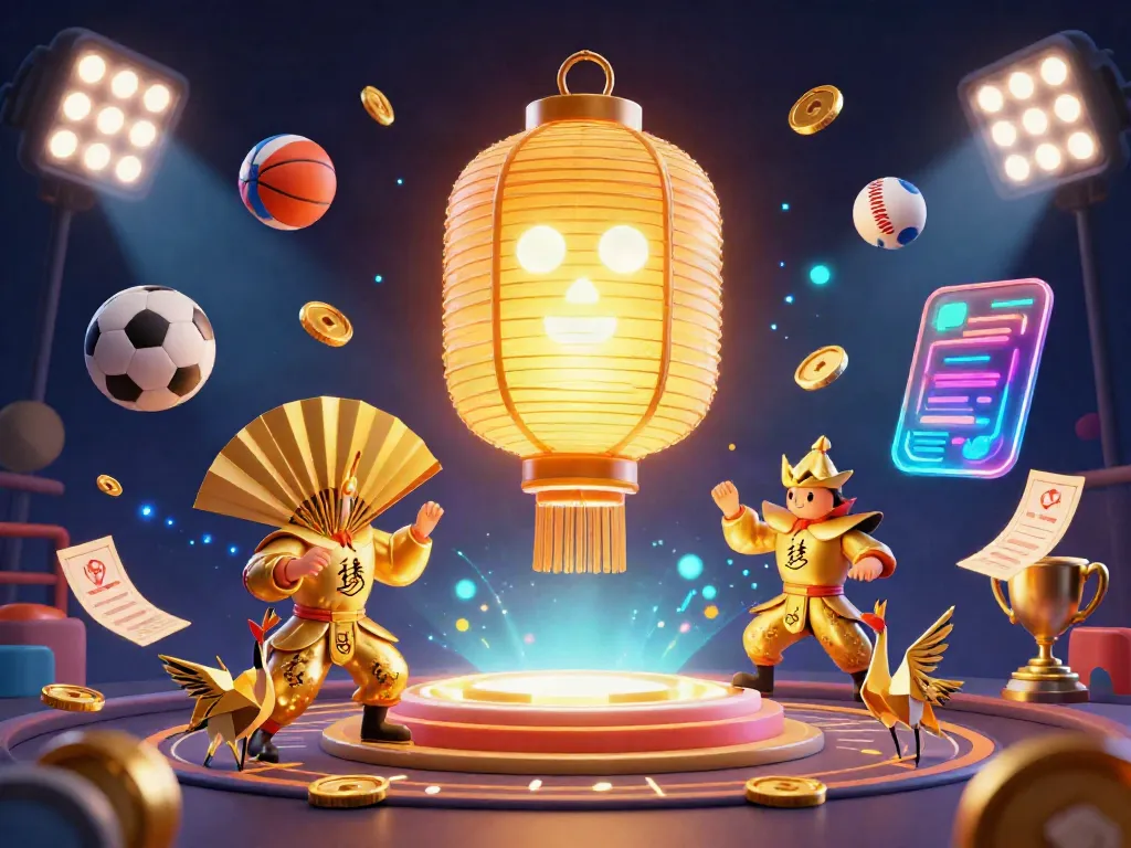Experience the vibrant world of GG88 with a 3D scene of a golden lantern spirit surrounded by dynamic sports elements in a lively casino setting.