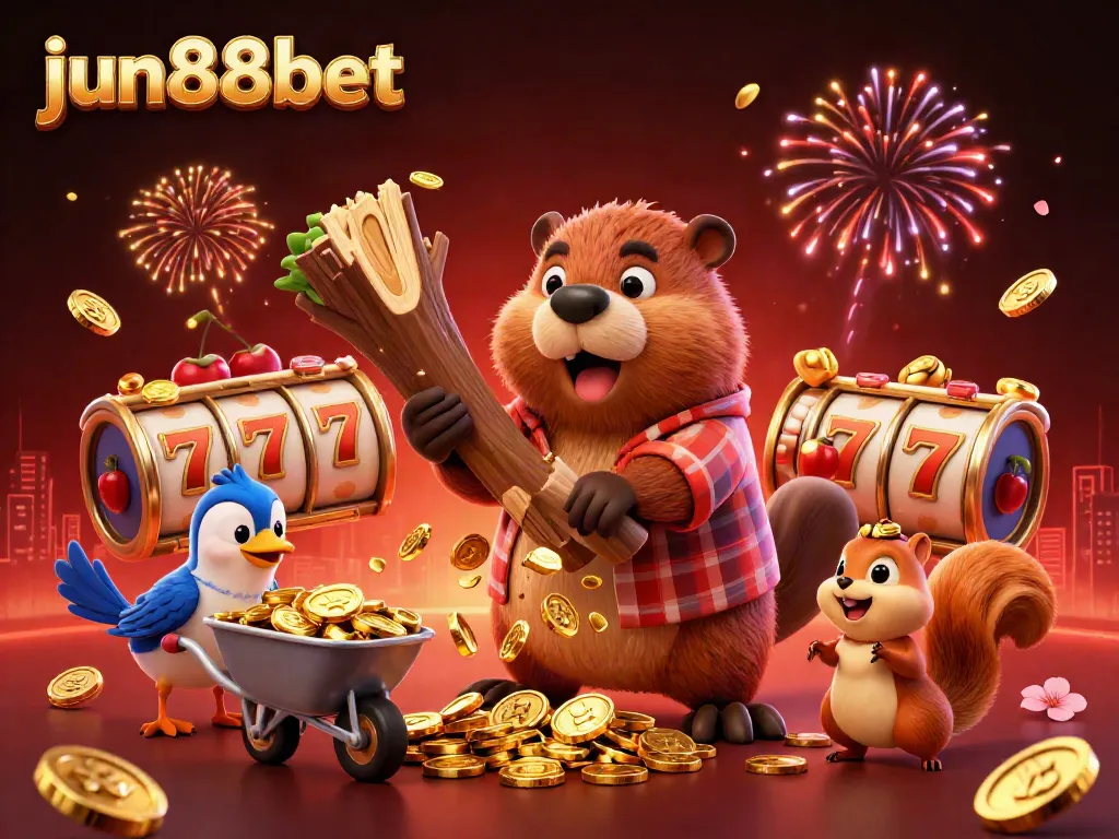 Experience thrilling wins with jun88bet as a cartoon beaver showcases vibrant scenes of gaming luck.
