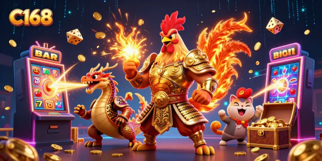 C168 showcases a slot machine jackpot explosion with a rooster warrior and armored dragon in an electric casino scene.