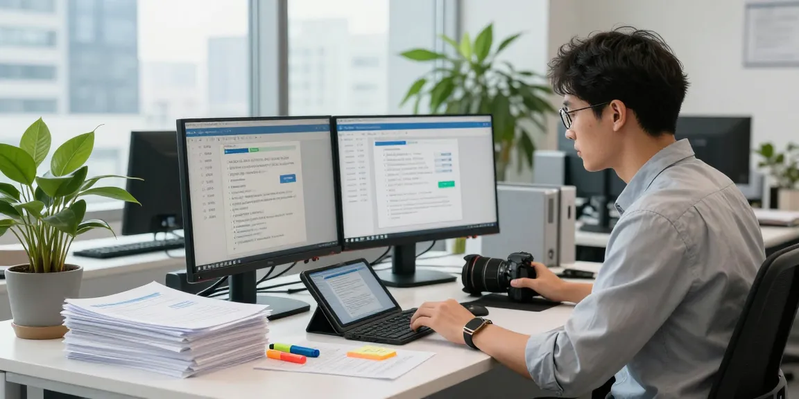 Professional analyst engaging with document fraud detection tools in a modern workspace.