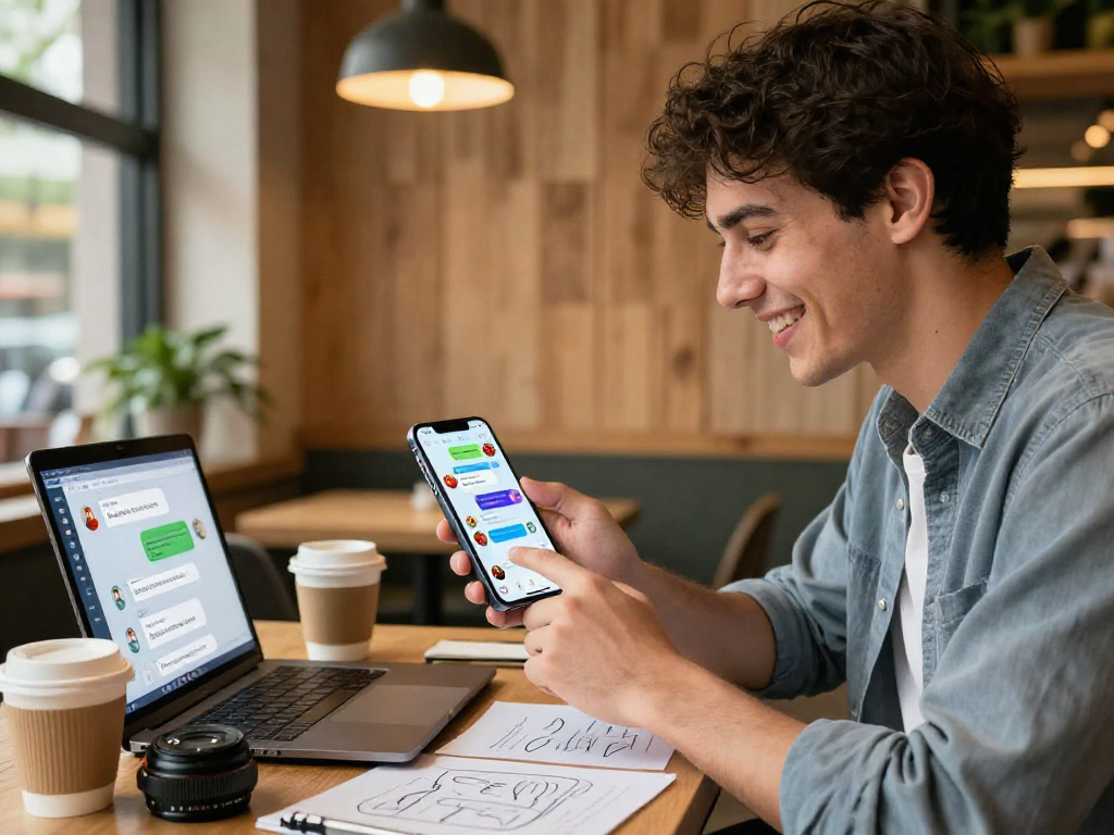 Engaging in spicy chat AI interactions on a smartphone in a cozy cafe.