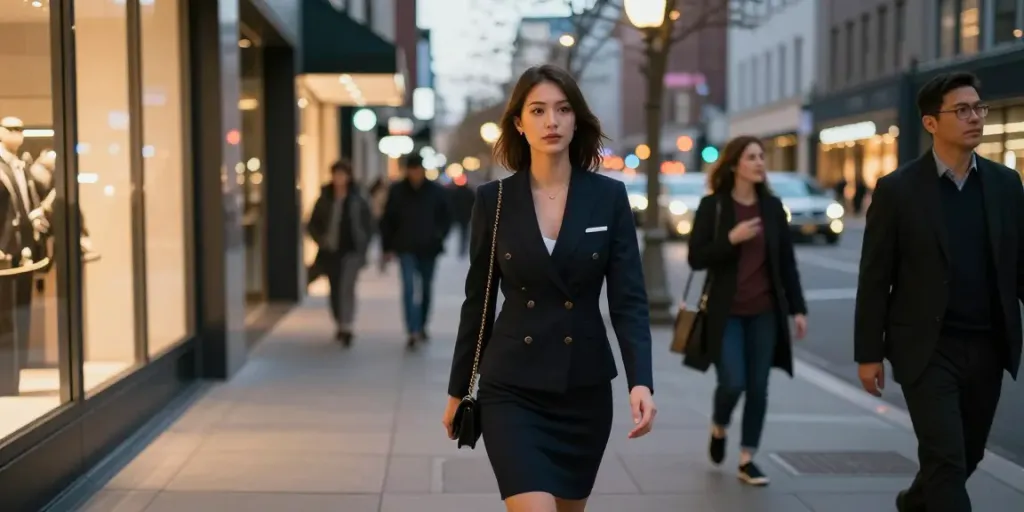 Elegant escort in stylish attire walking through vibrant city streets, showcasing נערות ליווי בשרון.