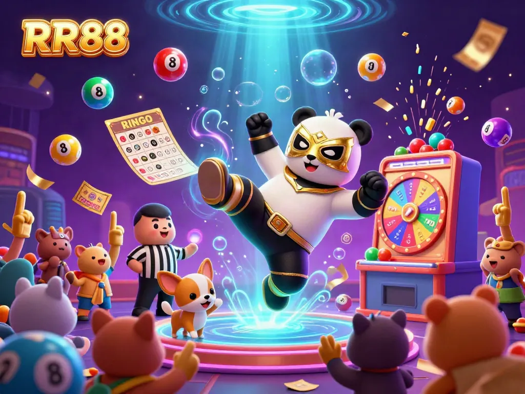 Experience the excitement of RR88 with a professional wrestler panda performing in a vibrant online casino scene.