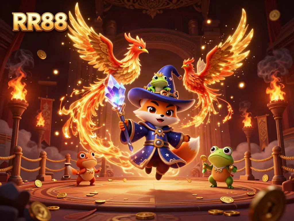 Experience thrilling gameplay at RR88 with a mystical wizard fox and phoenix in a dynamic casino scene.