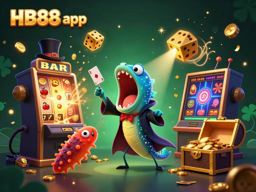 Experience the thrilling HB88 app with a vibrant, lively 3D illustration showcasing unique casino game elements.
