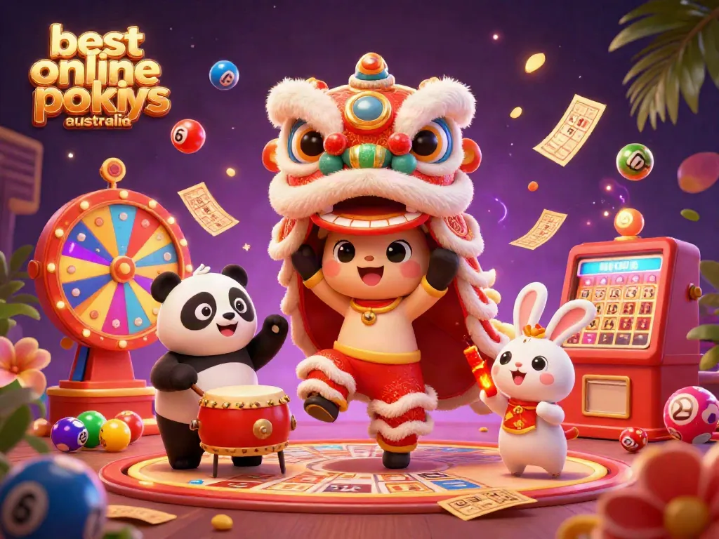 Experience the best online pokies Australia with an energetic casino scene featuring a lion dance, panda, and rabbit.