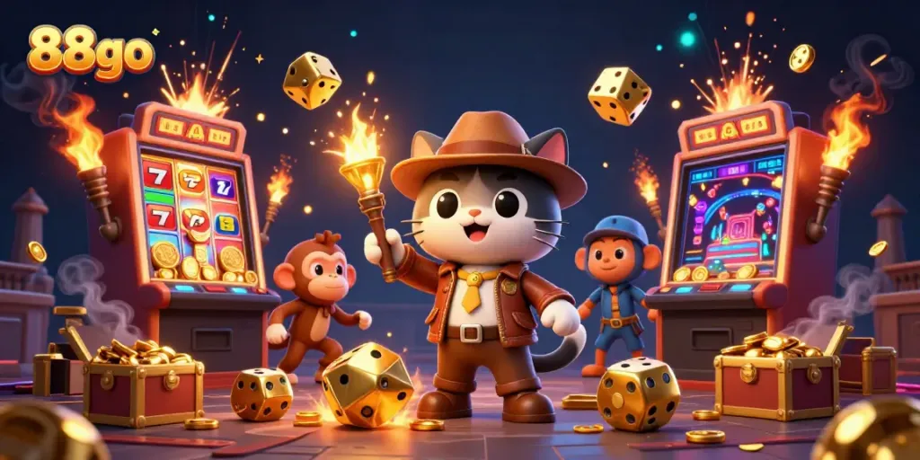 Experience thrilling casino adventures with 88go through this vibrant illustration featuring characters and games.