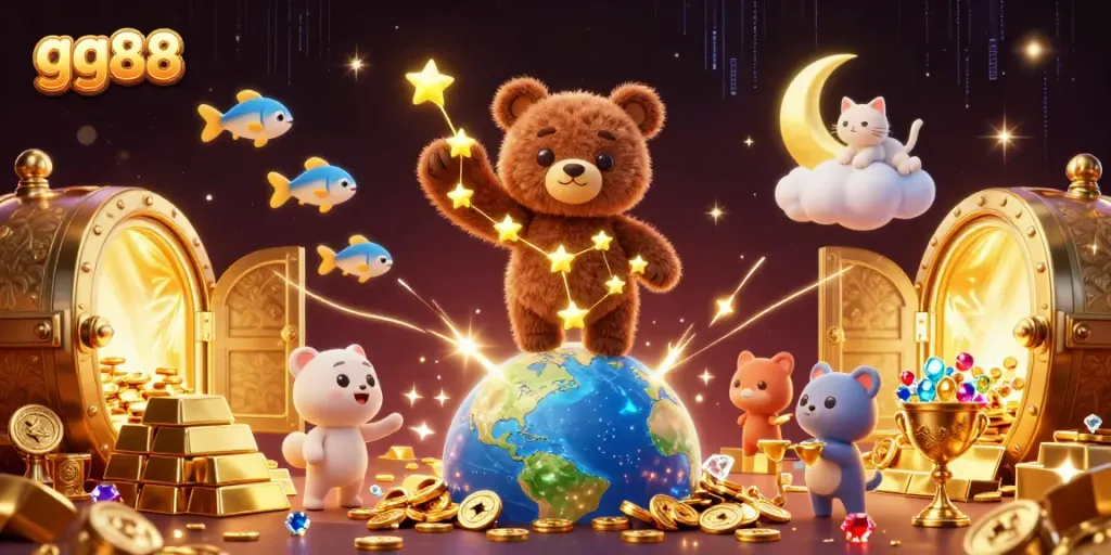 Experience luck and excitement at gg88 with a vibrant 3D casino scene full of treasure and wonder.