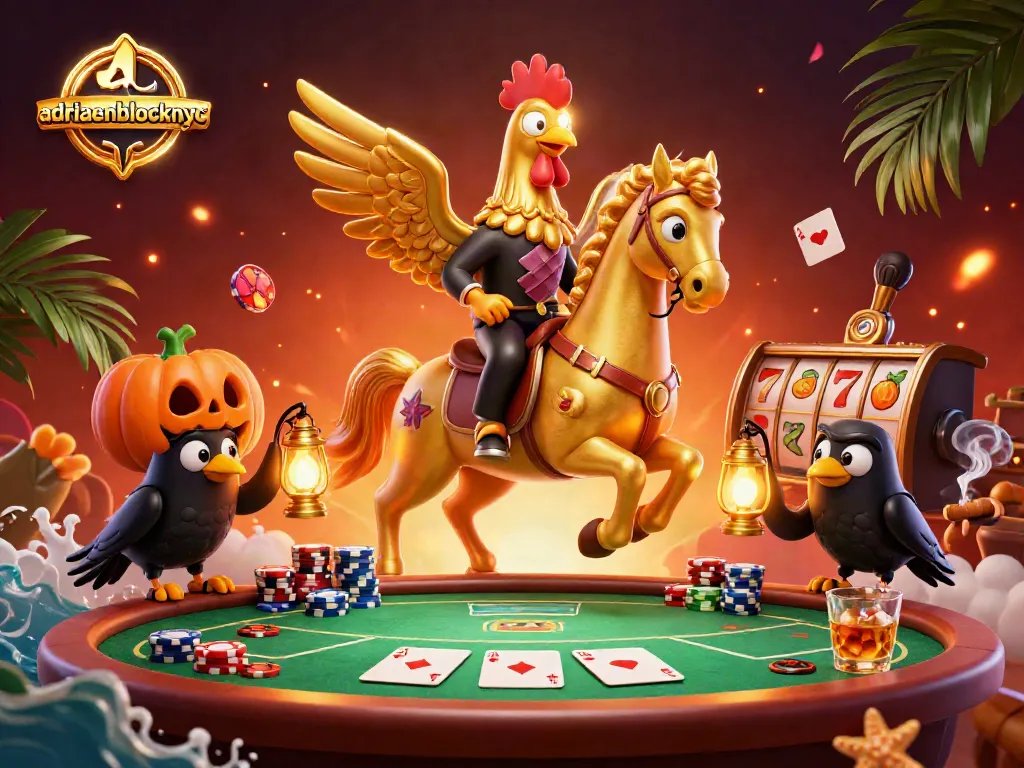 Engage with adriaenblocknyc at a vibrant casino featuring a golden rooster and fun gameplay elements.