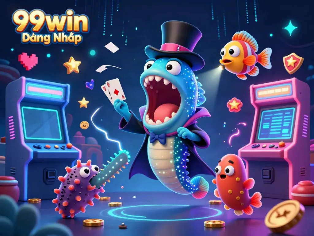 Experience the excitement of 99win Đăng Nhập with colorful game elements and vibrant characters in a lively casino scene.