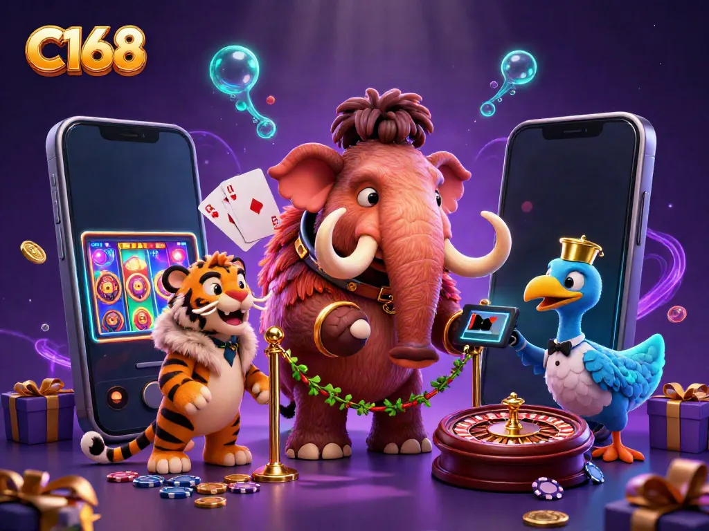 Experience excitement at C168 with a woolly mammoth bouncer, saber-tooth VIP, and dodo doorman in a vibrant casino.