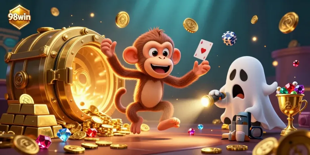 Engage with 98win's thrilling casino adventure featuring a mischievous monkey and ghost-hunter puppy.