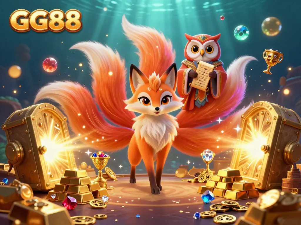 Experience the vibrant gaming energy at GG88 with a colorful scene featuring a nine-tailed fox and treasures.