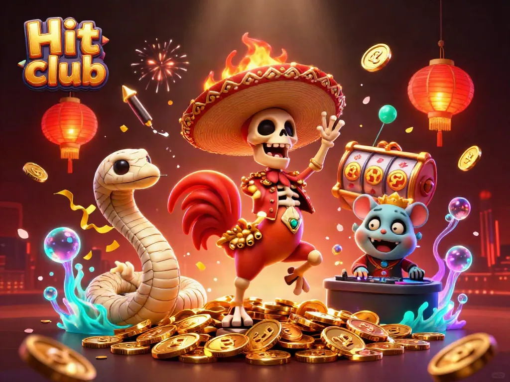 Engaging Hit club scene with a lively skeleton mariachi rooster celebrating on coins, showcasing vibrant casino elements.