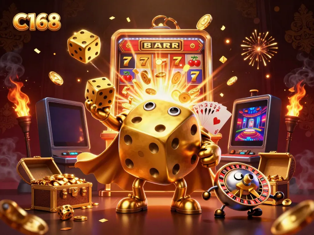 C168's vivid golden dice golem juggling dice amidst a jackpot explosion from a slot machine