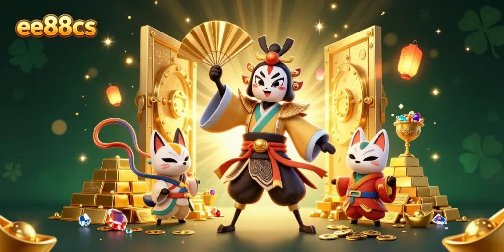 Experience the thrill of casino gaming with the animated scene showcasing ee88cs, featuring kabuki warrior and kitsune surrounded by golden treasures.