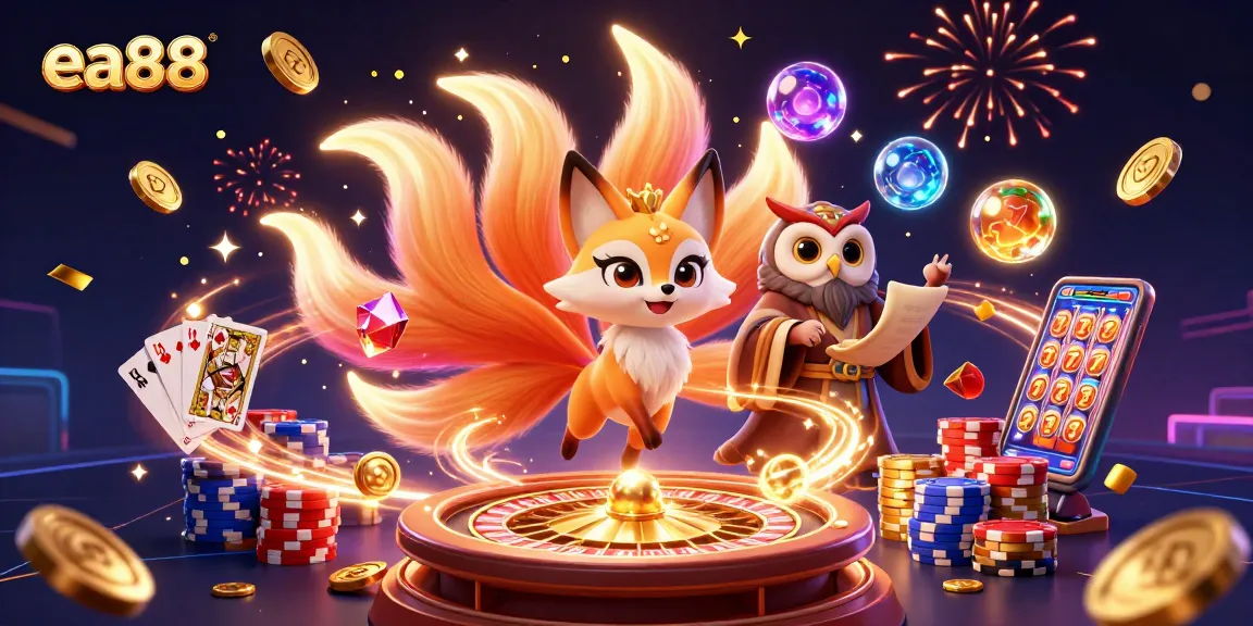 ea88 features vibrant animated characters amid a casino scene with glowing coins and cards.