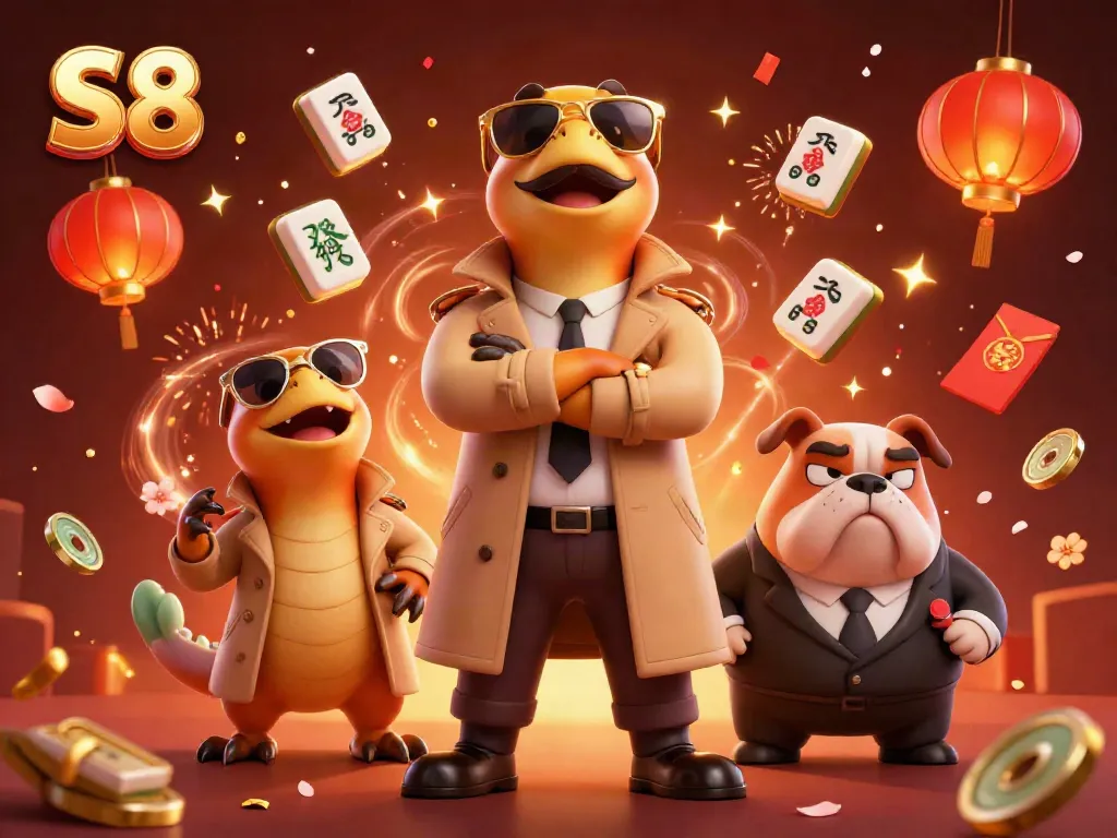 Raptors dressed in a trench coat attempting to enter S8 casino, surrounded by festive decorations.